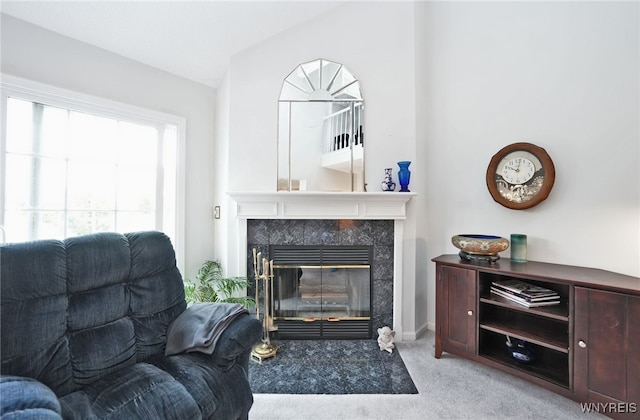 2850 Amsdell Rd Unit 30, Hamburg, NY 14075 - carpeted living room with a tiled fireplace and lofted ceiling
