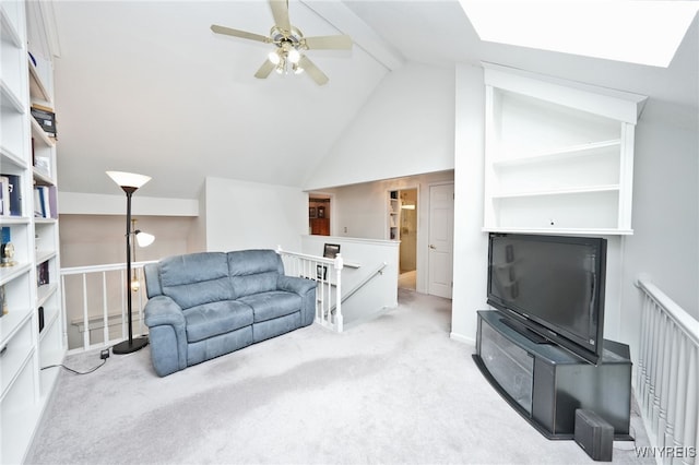 2850 Amsdell Rd Unit 30, Hamburg, NY 14075 - living area featuring light carpet, beamed ceiling, a ceiling fan, and high vaulted ceiling