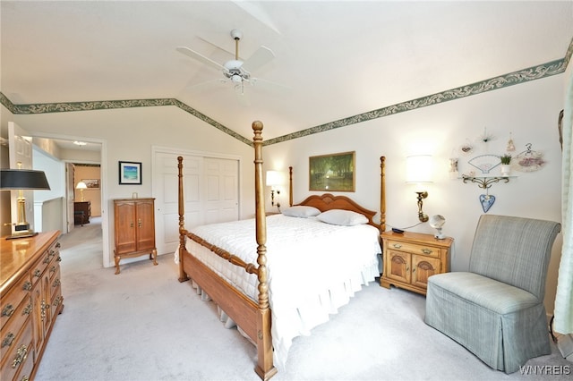 2850 Amsdell Rd Unit 30, Hamburg, NY 14075 - bedroom with light colored carpet, a closet, lofted ceiling, and ceiling fan
