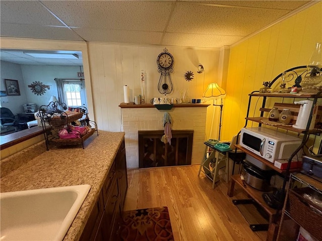 839 State Highway 7, Unadilla, NY 13849 - living room with a fireplace, wood finished floors, and a paneled ceiling