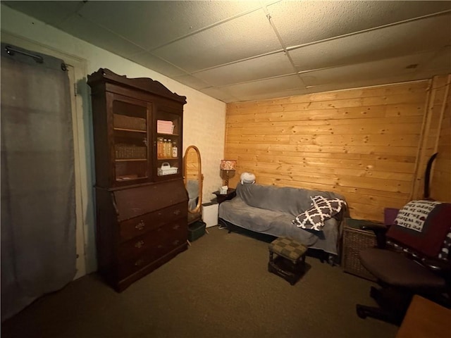 839 State Highway 7, Unadilla, NY 13849 - carpeted bedroom featuring wood walls and a drop ceiling