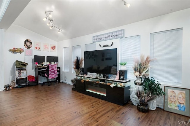 16 Meadow St, Kirkland, NY 13323 - living room with vaulted ceiling, wood finished floors, and rail lighting