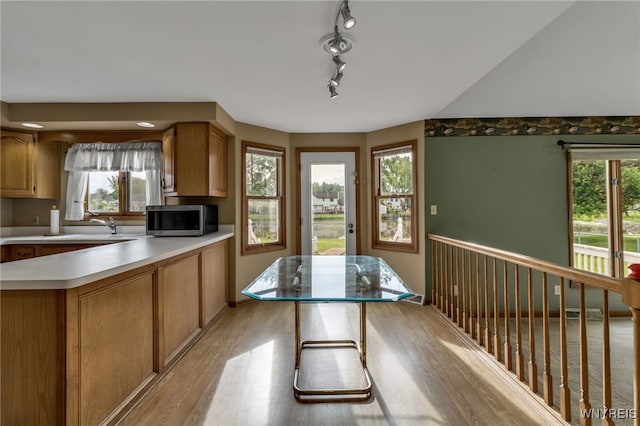 33 Sausalito Dr, Amherst, NY 14051 - kitchen with stainless steel microwave, plenty of natural light, light wood-type flooring, and light countertops