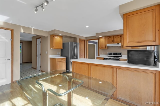 33 Sausalito Dr, Amherst, NY 14051 - kitchen featuring white range with gas cooktop, freestanding refrigerator, light wood finished floors, light countertops, and a peninsula
