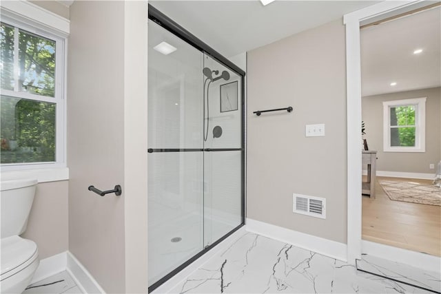 38 Richs Dugway Rd, Brighton, NY 14625 - bathroom with a shower stall, recessed lighting, and marble finish flooring