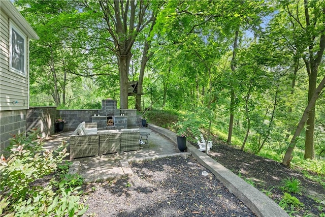 38 Richs Dugway Rd, Brighton, NY 14625 - view of yard featuring a patio and an outdoor living space with a fireplace