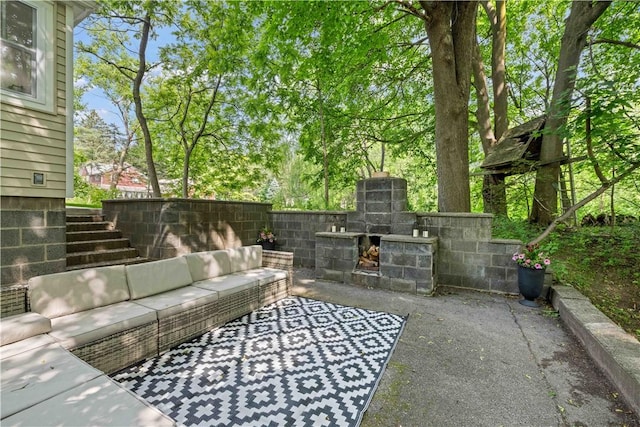 38 Richs Dugway Rd, Brighton, NY 14625 - view of patio / terrace with an outdoor living space with a fireplace and stairway