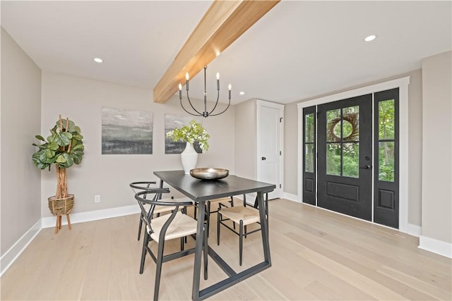 38 Richs Dugway Rd, Brighton, NY 14625 - dining area with light wood-style floors, recessed lighting, and beamed ceiling