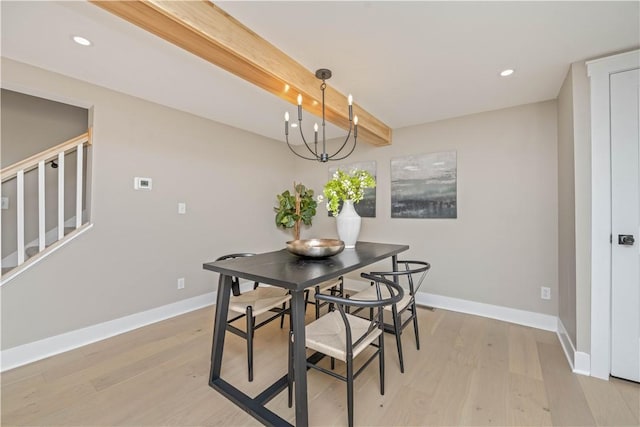 38 Richs Dugway Rd, Brighton, NY 14625 - dining area with light wood-type flooring, beam ceiling, stairway, recessed lighting, and a chandelier