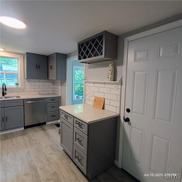 504 Breman Ave, Salina, NY 13211 - kitchen with stainless steel dishwasher, gray cabinetry, decorative backsplash, and healthy amount of natural light