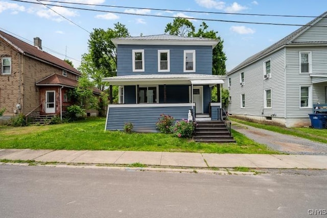 321 Pleasant Ave, Oneida-Inside, NY 13421 - traditional style home featuring a porch, a front lawn, dirt driveway, and a metal roof