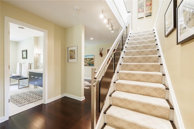 5 Elmwood Hill Ln, Brighton, NY 14610 - stairway with wood-type flooring and recessed lighting