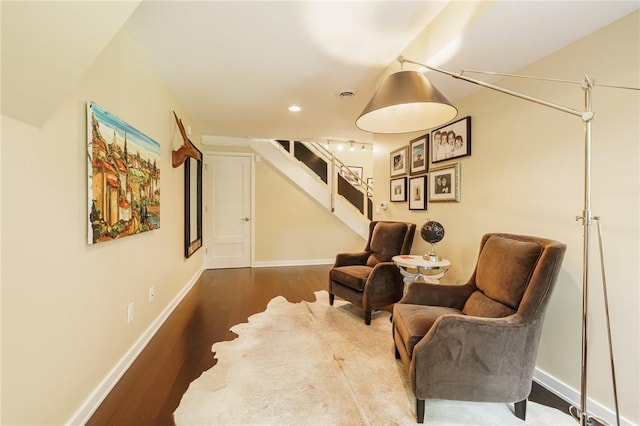 5 Elmwood Hill Ln, Brighton, NY 14610 - sitting room featuring stairway, wood finished floors, and recessed lighting