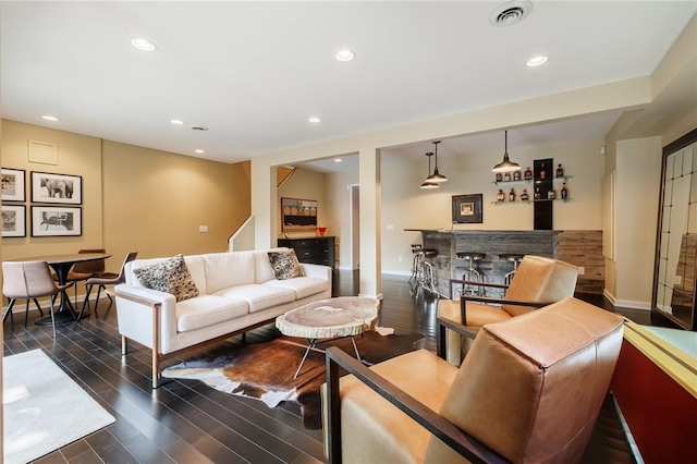 5 Elmwood Hill Ln, Brighton, NY 14610 - living room featuring a dry bar, dark wood-style floors, and recessed lighting