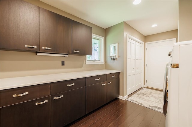 5 Elmwood Hill Ln, Brighton, NY 14610 - kitchen featuring dark wood finished floors, light countertops, dark brown cabinetry, and recessed lighting
