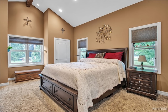 2391 Hess Rd, Newfane, NY 14008 - carpeted bedroom with high vaulted ceiling, multiple windows, recessed lighting, and beamed ceiling