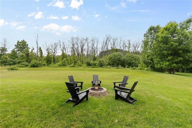 591 Whistlers Cove Ln, Greece, NY 14612 - view of green lawn featuring an outdoor fire pit and view of wooded area