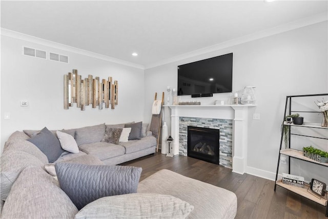 591 Whistlers Cove Ln, Greece, NY 14612 - living room with crown molding, wood finished floors, a stone fireplace, and recessed lighting