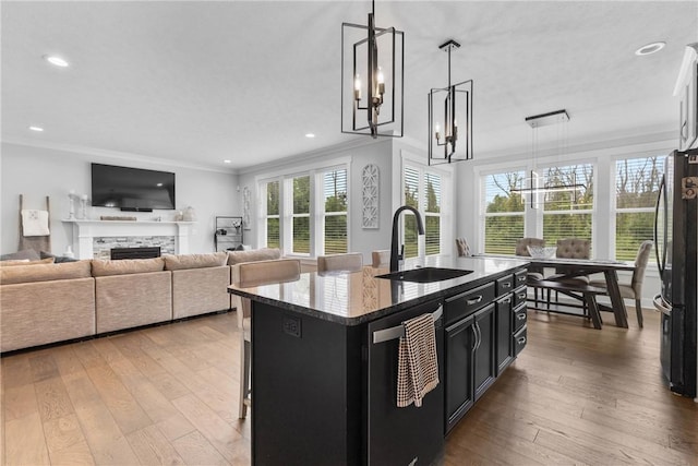 591 Whistlers Cove Ln, Greece, NY 14612 - kitchen with dark cabinetry, appliances with stainless steel finishes, light wood-style floors, an island with sink, and ornamental molding