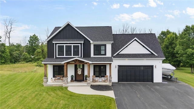 591 Whistlers Cove Ln, Greece, NY 14612 - modern inspired farmhouse featuring a porch, an attached garage, driveway, and a front yard