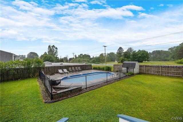 8185 Mantova Dr, Clay, NY 13041 - view of pool with a fenced backyard, a shed, and a patio area
