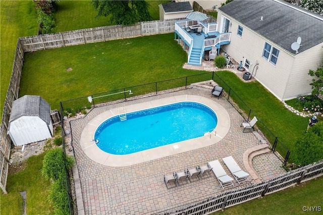 8185 Mantova Dr, Clay, NY 13041 - view of swimming pool featuring a fenced backyard, a deck, and stairway