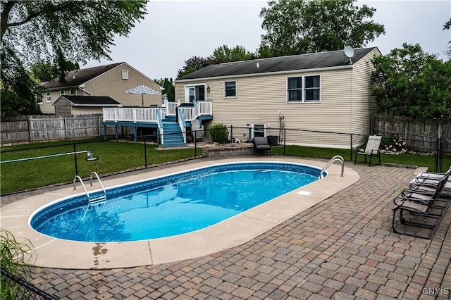 8185 Mantova Dr, Clay, NY 13041 - view of swimming pool with a deck, a fenced backyard, a patio, and stairs