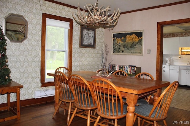 5046 Whig St, Little Valley, NY 14779 - dining space with dark wood-style flooring, a chandelier, crown molding, and wallpapered walls