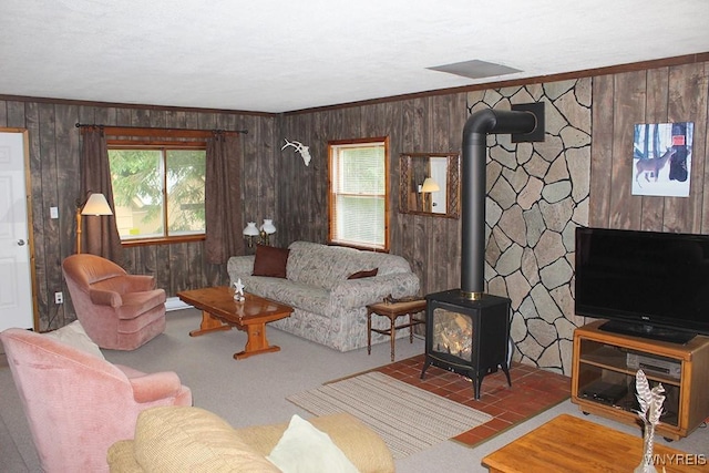 5046 Whig St, Little Valley, NY 14779 - living area with wooden walls, a wood stove, and crown molding