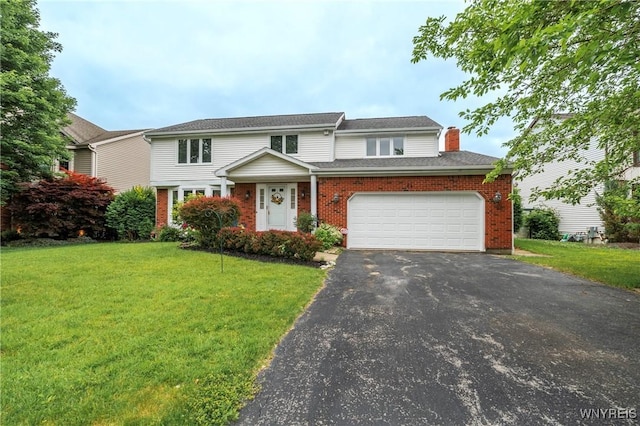 64 Bywater Dr, Amherst, NY 14068 - traditional home featuring asphalt driveway, a chimney, a front yard, brick siding, and an attached garage