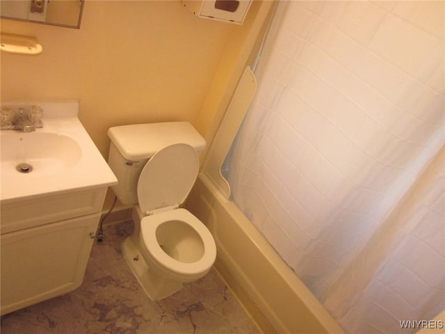 129 Albert Ave, Buffalo, NY 14207 - bathroom with vanity, shower / bath combo with shower curtain, and marble look tile flooring