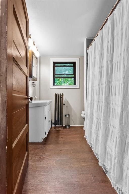 9 Orchard St, Delhi, NY 13753 - bathroom with radiator, vanity, wood finished floors, and a shower with curtain