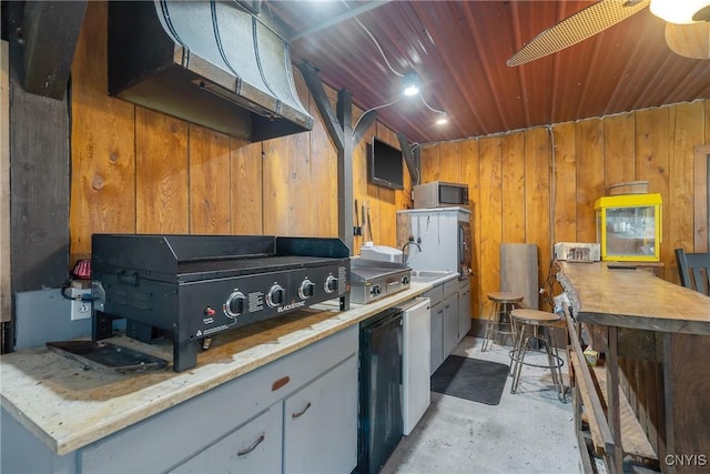 2012 Pleasant Ave, Vienna, NY 13308 - kitchen with unfinished concrete floors, light countertops, wood walls, wooden ceiling, and ceiling fan