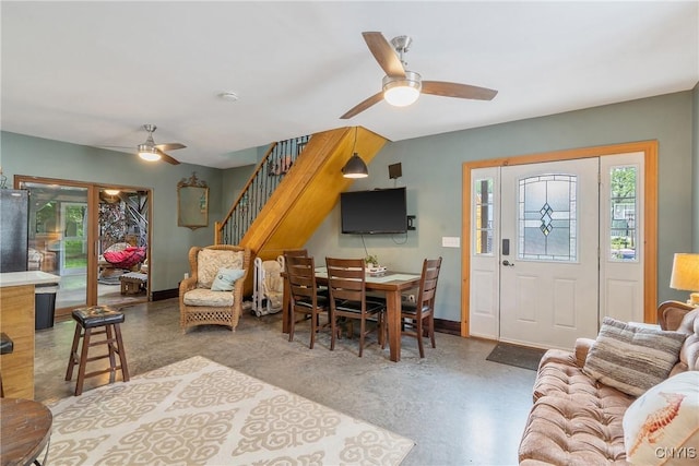 2012 Pleasant Ave, Vienna, NY 13308 - dining area with ceiling fan and stairway