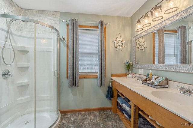 2012 Pleasant Ave, Vienna, NY 13308 - full bath featuring a shower stall, double vanity, and stone finish floors