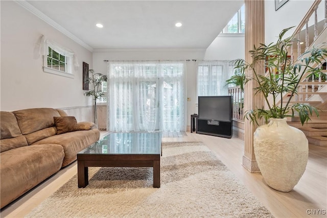 4582 Whetstone Rd, Manlius, NY 13104 - living room with plenty of natural light, wood finished floors, recessed lighting, and ornamental molding