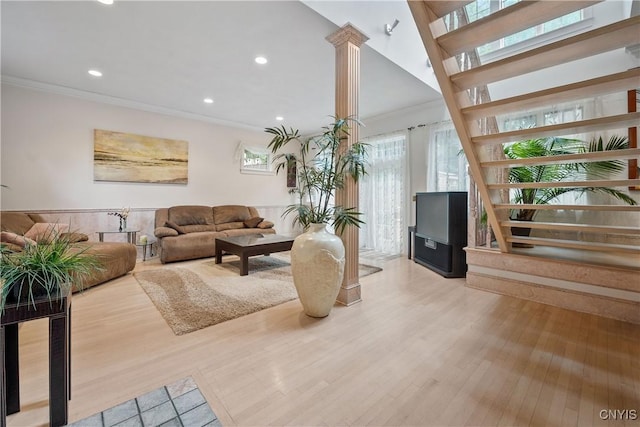 4582 Whetstone Rd, Manlius, NY 13104 - living room with ornamental molding, wood finished floors, and recessed lighting