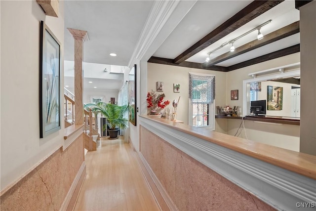 4582 Whetstone Rd, Manlius, NY 13104 - hallway featuring wood finished floors, beam ceiling, and recessed lighting