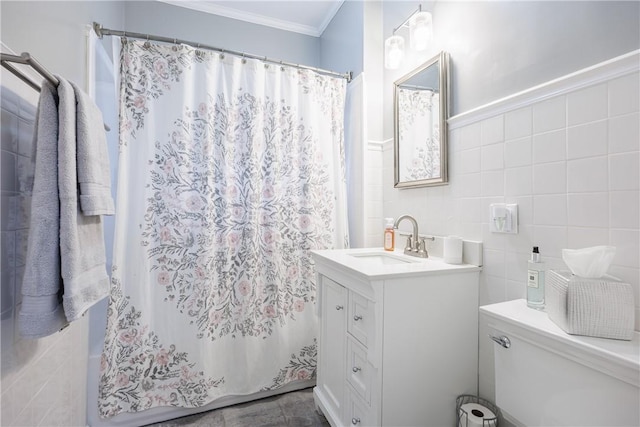 905 W Center St, Ridgeway, NY 14103 - bathroom featuring crown molding, vanity, tile walls, and a shower with shower curtain