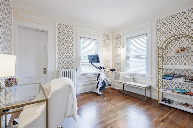 905 W Center St, Ridgeway, NY 14103 - exercise area with ornamental molding, dark wood-style flooring, and radiator