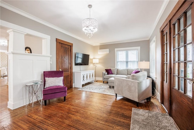 905 W Center St, Ridgeway, NY 14103 - living room with wood finished floors, crown molding, a wall mounted AC, and a chandelier