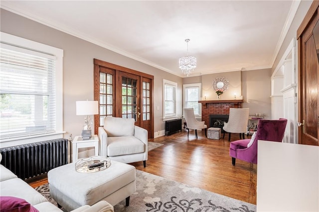 905 W Center St, Ridgeway, NY 14103 - living room with radiator heating unit, wood finished floors, ornamental molding, a fireplace, and french doors