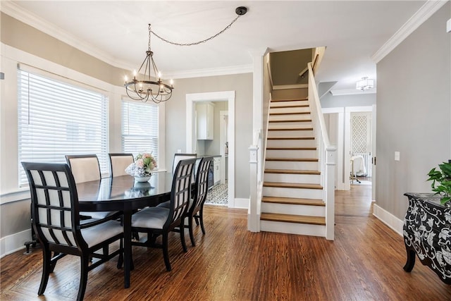 905 W Center St, Ridgeway, NY 14103 - dining room featuring a chandelier, wood finished floors, stairway, and crown molding