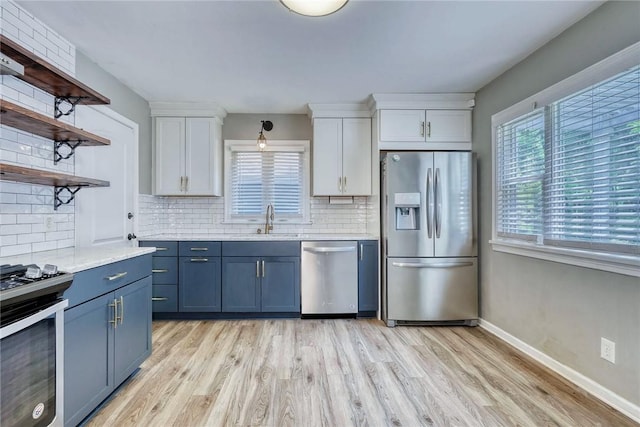 244 Highland Pkwy, Rochester, NY 14620 - kitchen with appliances with stainless steel finishes, blue cabinetry, light wood-style flooring, and light countertops