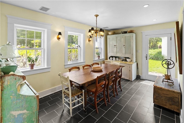6806 County Highway 14, Meredith, NY 13846 - dining room featuring dark tile patterned flooring, a chandelier, and recessed lighting