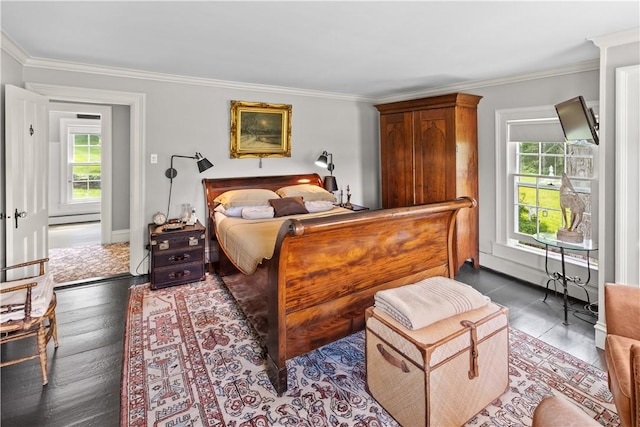 6806 County Highway 14, Meredith, NY 13846 - bedroom with baseboard heating, multiple windows, ornamental molding, and wood finished floors