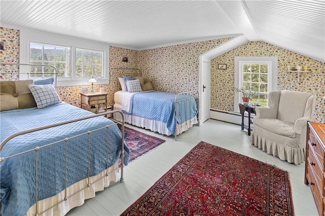 6806 County Highway 14, Meredith, NY 13846 - bedroom with wallpapered walls, baseboard heating, light wood-style floors, and vaulted ceiling