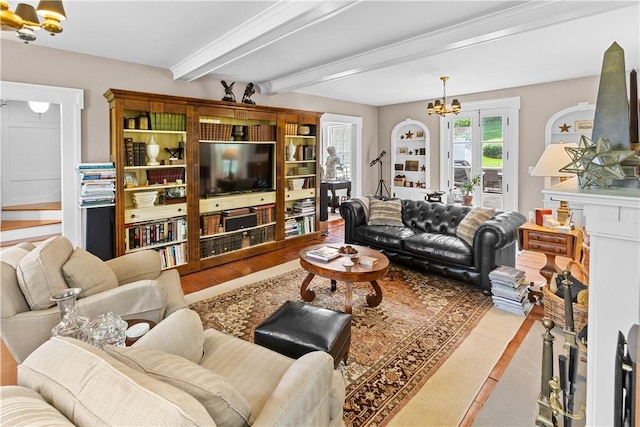 6806 County Highway 14, Meredith, NY 13846 - living room with a chandelier and beamed ceiling
