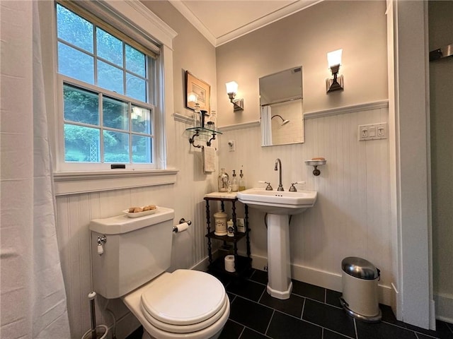 6806 County Highway 14, Meredith, NY 13846 - full bath featuring tile patterned flooring, a wainscoted wall, ornamental molding, and a shower with curtain