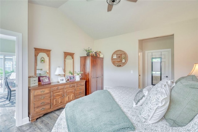 1391 Creeks Edge Dr, Webster, NY 14580 - bedroom featuring light wood-style floors, access to exterior, high vaulted ceiling, and ceiling fan